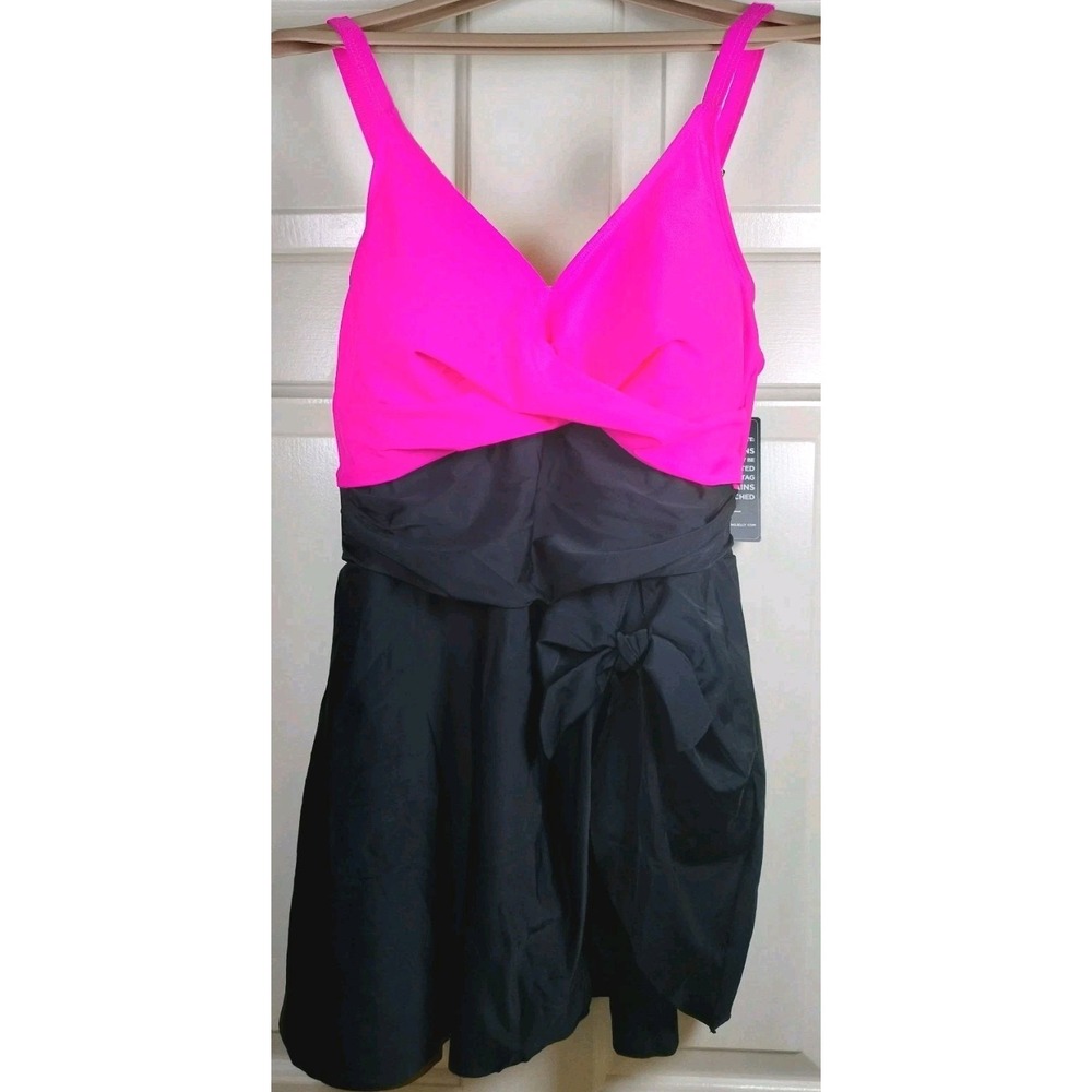 NWT Blooming Jelly Swim Dress One Piece Swimsuit XL Hot Pink Black Tummy Control